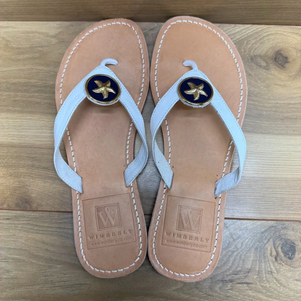 Wimberly Flip Flop Sandals Womens 8 White Leather Star Fish Medallion USA Made